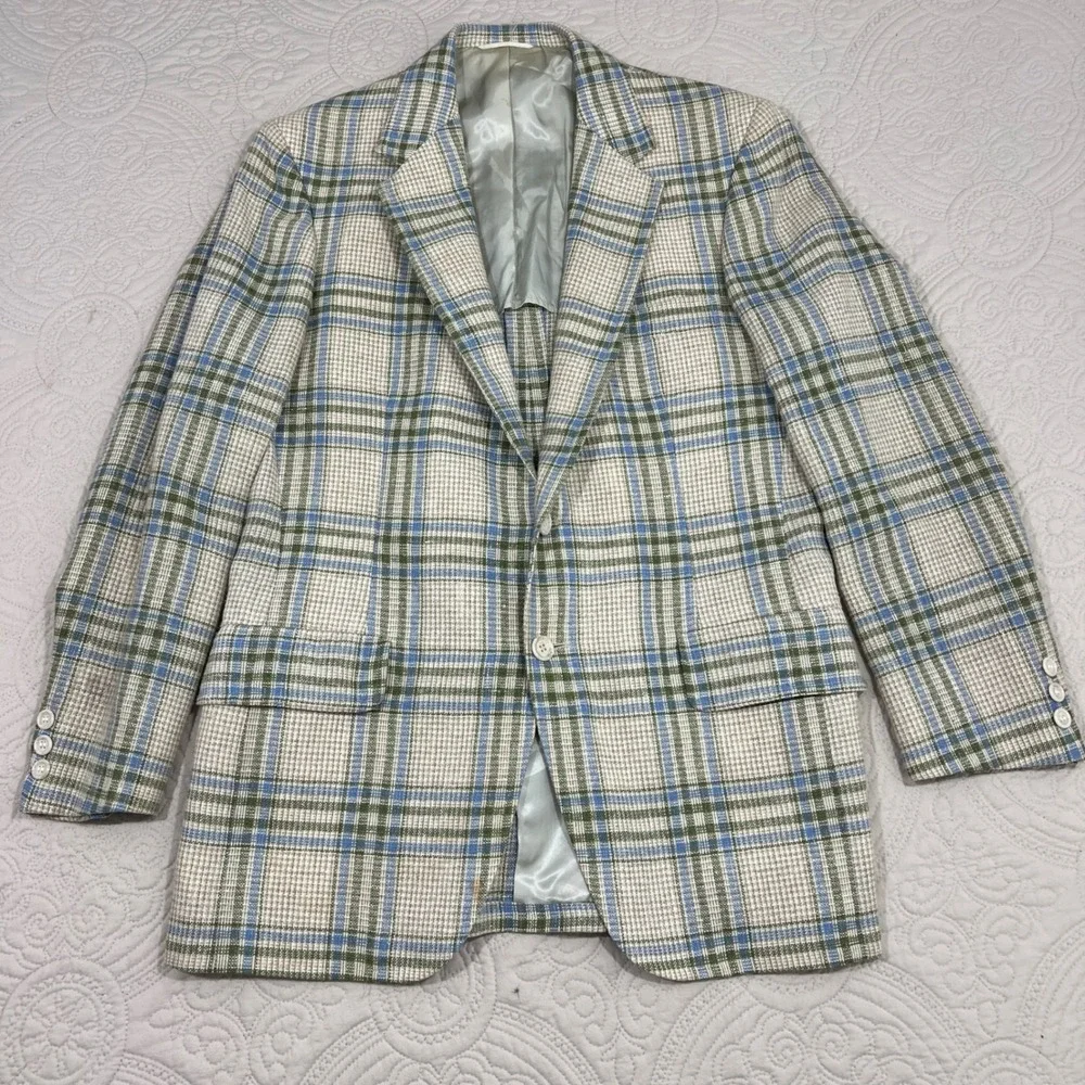 Vintage Chaps Ralph Lauren Plaid Sport Coat Blazer Blue Green Cream‎ Mens *READ